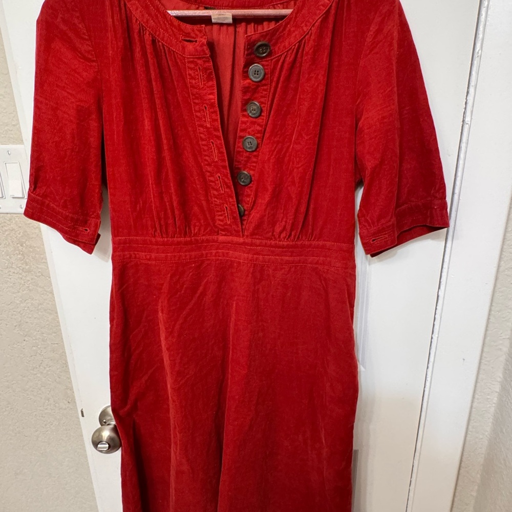 J. Crew Red Corduroy Midi Dress with Button Placket